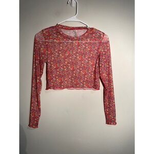 Damsel Micro Floral Print Cropped‎ Mesh Long Sleeve Top Size Small